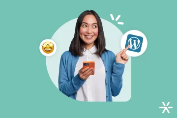 Mulher usando smartphone e apontando para a logo do Wordpress