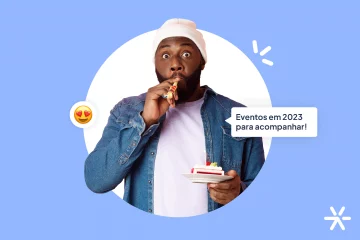 Homem soprando dedo de sogra com bolo na mão. Balão escrito "11 eventos de marketing digital para 2023"