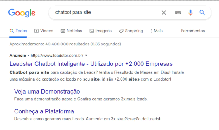 Captura de tela dos resultados patrocinados do Google para a pesquisa "chatbot para site"