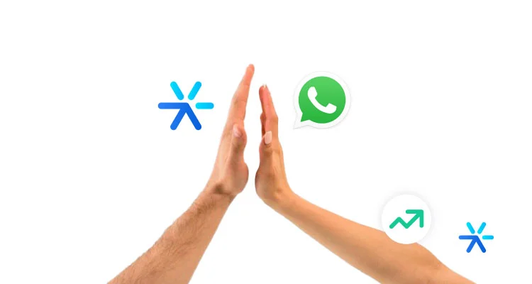 Duas mãos fazendo um high five. Uma tem a logo da Leadster ao lado, a outra a logo do WhatsApp