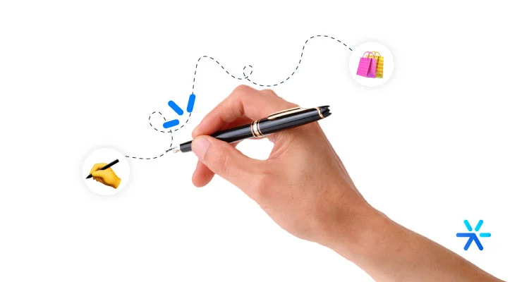 Mão segurando uma caneta e desenhhando uma linha pontilhada entre um emoji de outra mão escrevendo e uma sacola de compras. 