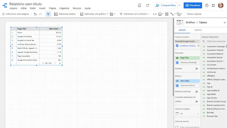 Captura de dados mostrando a parte de relatórios do Google Data Studio
