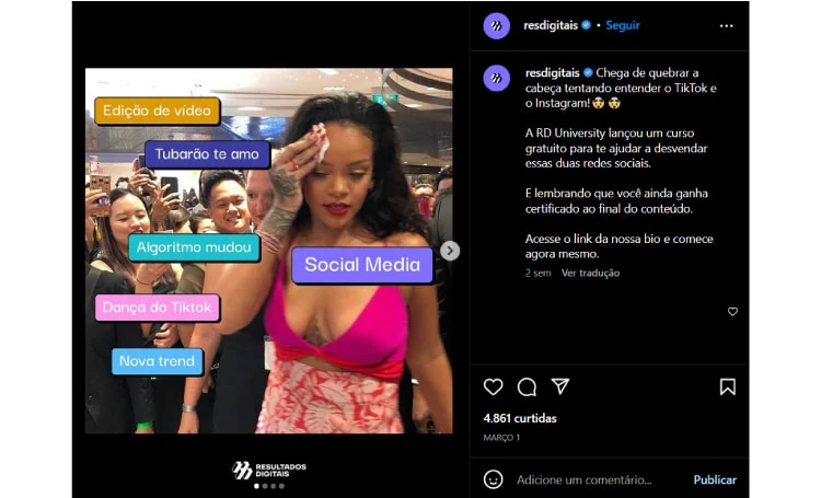 Captura de tela do Instagram da RD Station mostrando um meme da Rihanna
