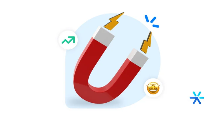 Ímã com ícones de raio e emojis ao lado, representando a estratégia de inbound marketing. 