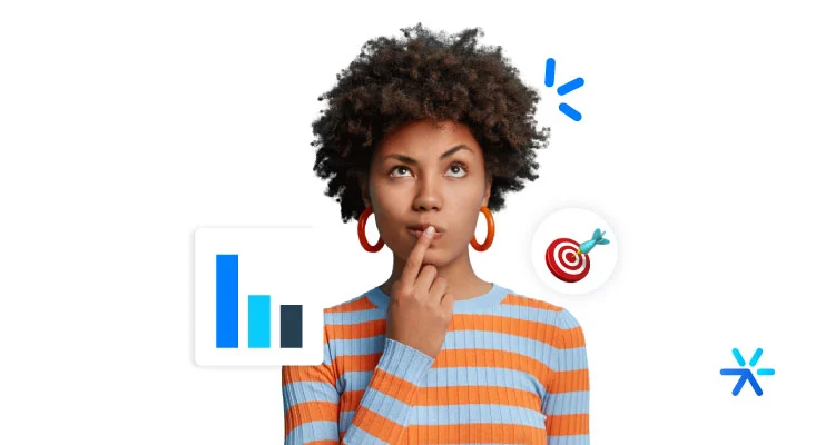 Mulher pensativa com ícones ao redor que representam os 13 KPIs para metas de uma agência digital.
