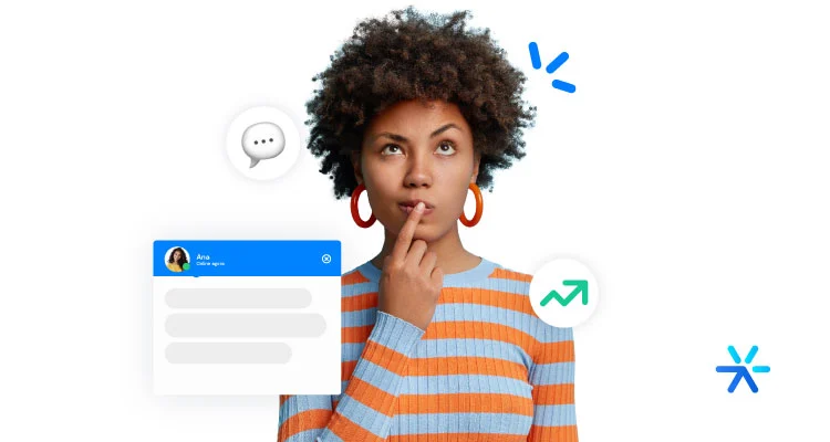 Woman with doubtful expression next to an online chat platform mock-up.