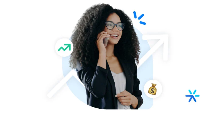 Mulher falando ao telefone com ícones de dinheiro e gráficos ao redor