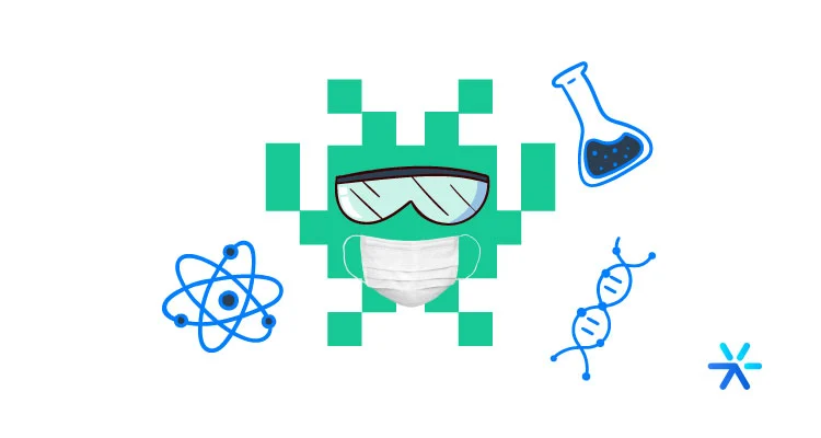 "Vírus" estilizado em arte pixelada com óculos e máscara, representando a ciência do marketing viral. 