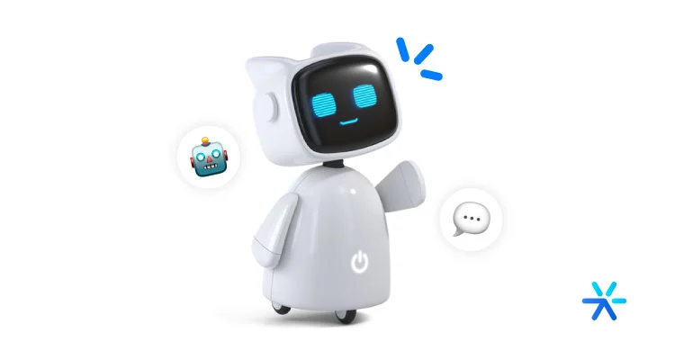 Robô com ícones de emoji de robô e balãozinho de diálogo. 