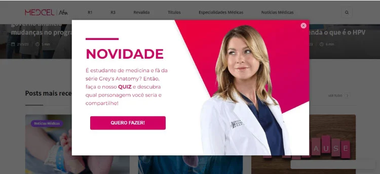 Captura de tela mostrando um pop-up em um site. 