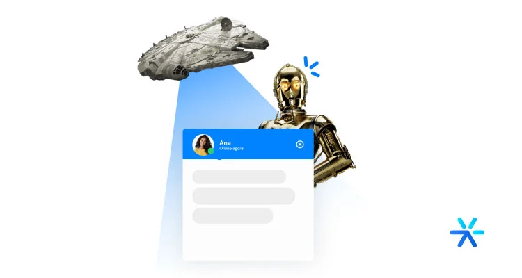 Millenium Falcon and C3PO next to a chatbot window.