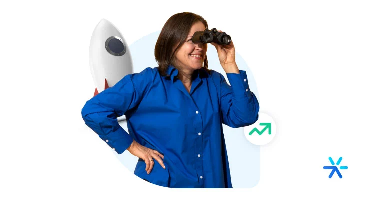 Mulher olhando em binóculo ao lado de foguete