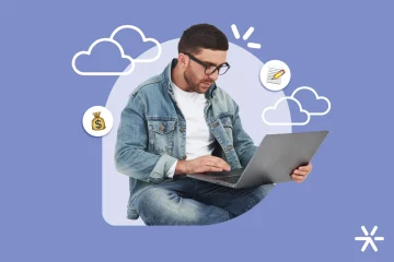 Homem usando computador com ícones de nuvem ao seu redor.