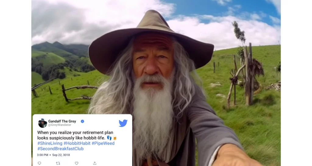 Imagem criada por inteligência artificial mostrando uma selfie tirada pelo Gandalf em um campo verdejante. 