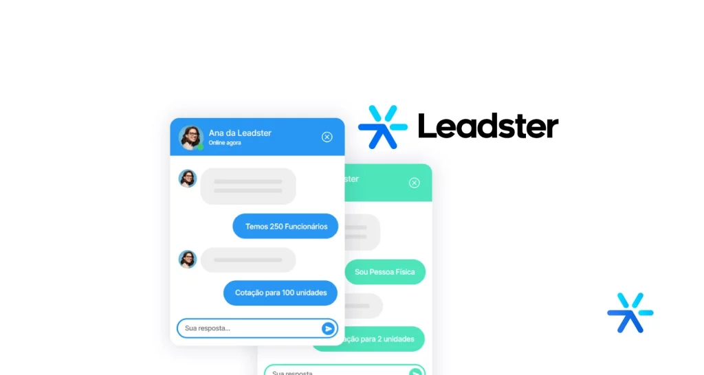 Logo da Leadster com um modelo de chatbot ao lado. 