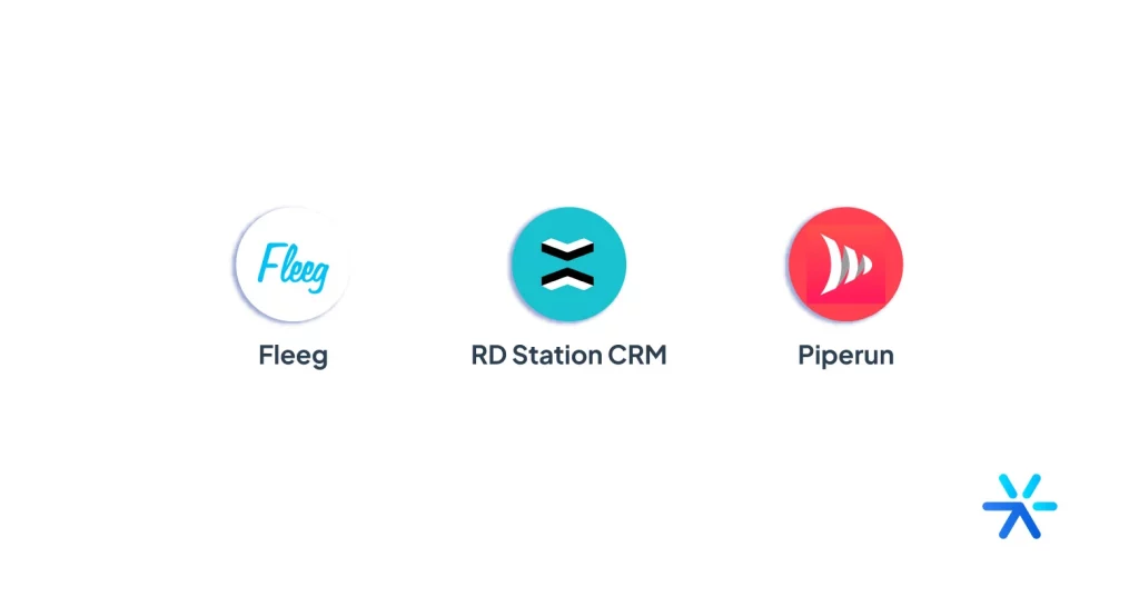 Logos da Flee, Rd Station CRM e Piperun, todos CRMs para acompanhar resultados de e-mails de vendas. 