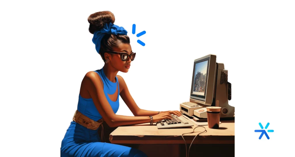Ilustração de IA com mulher usando computador. 