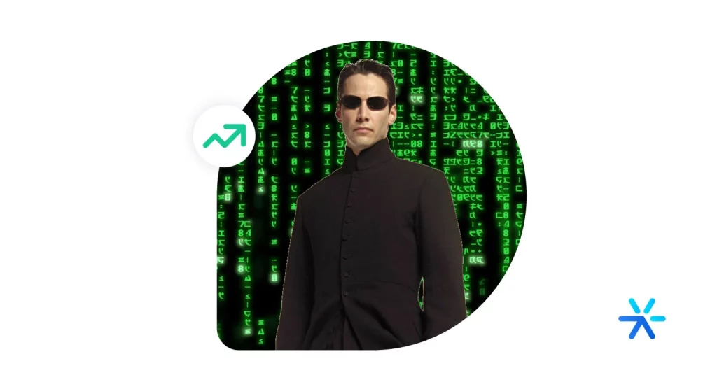Neo, do filme Matrix, em frente a um plano de fundo com vários códigos verdes, também do filme. 
