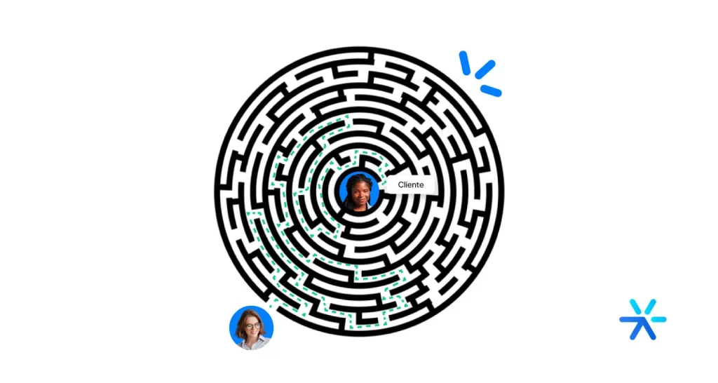 Labirinto circular com dois avatares de pessoas, um na borda, outro no centro. 