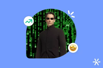Neo, do filme Matrix, em frente a uma parede de códigos verdes, como no filme
