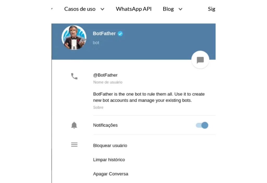 Captura de tela do Botfather do Chatbot do Telegram.