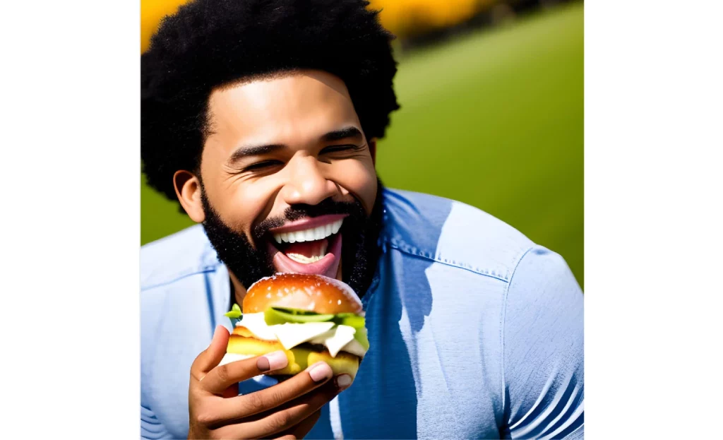 Foto gerada por IA de um homem comendo um hamburguer. 
