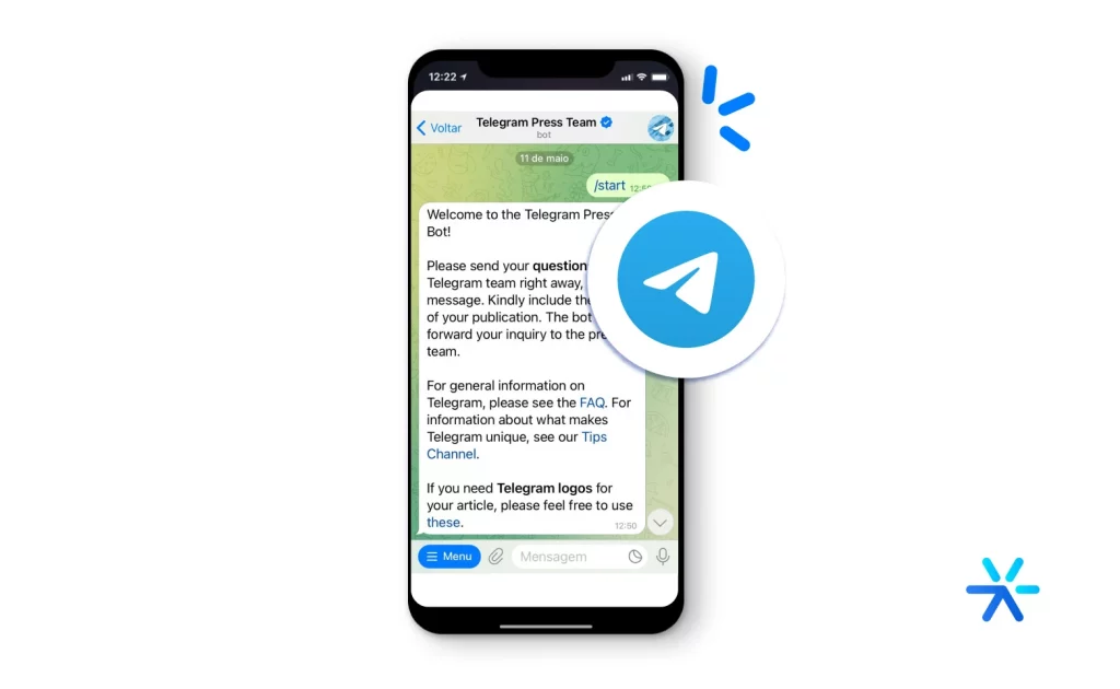 Mock up de celular com o Chatbot do Telegram instalado. 