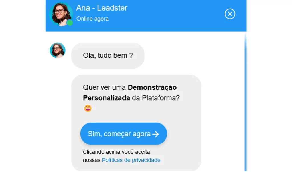 Exemplo real de um fluxo de chatbot Leadster. 