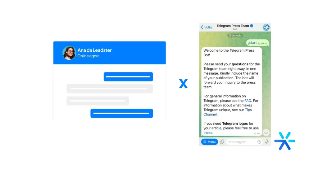 Dois mockups - um do chatbot Leadster e outro do chatbot do Telegram. 