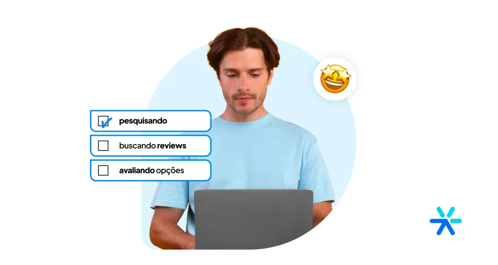 Homem usando computador com um checkmark na palavra "Pesquisando". 
