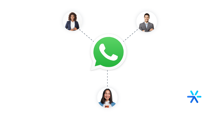 Pessoas conectadas a logo do WhatsApp através de uma linha pontilhada. 