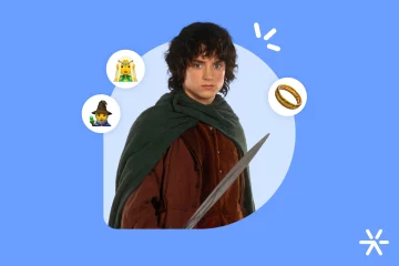 Frodo Bolseiro ao lado de ícones relacionados ao Senhor dos Anéis.