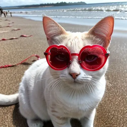 Gato com óculos vermelho em praia gerado pelo GetIMG