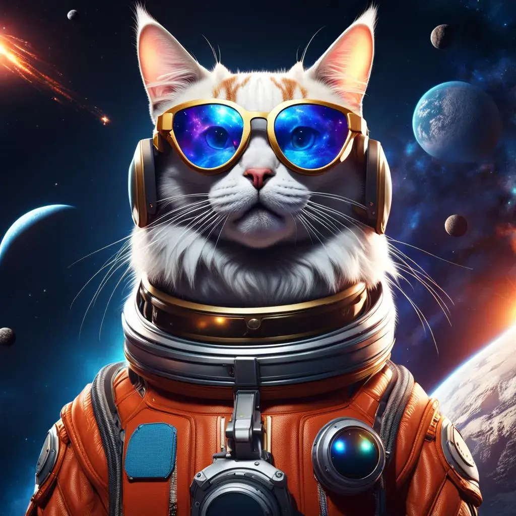 Gato de óculos no espaço gerado pela IA Night Cafe