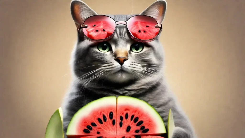 Gato gerado por inteligência artificial usando óculos de melancia. 