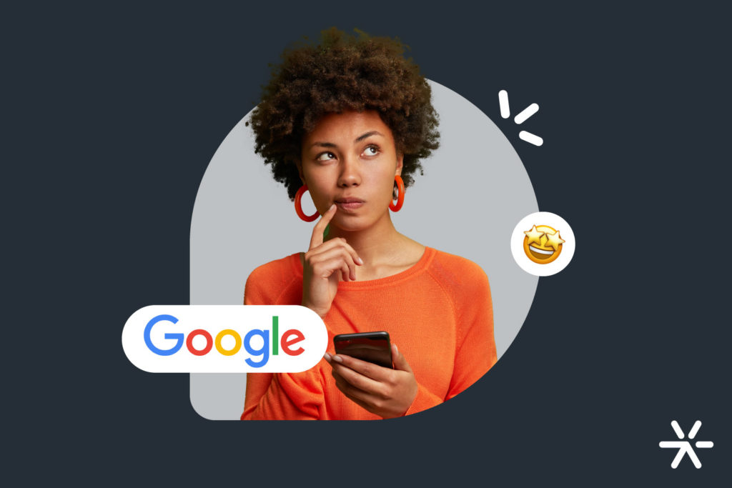 Mulher com expressão de dúvida ao lado de logo do Google