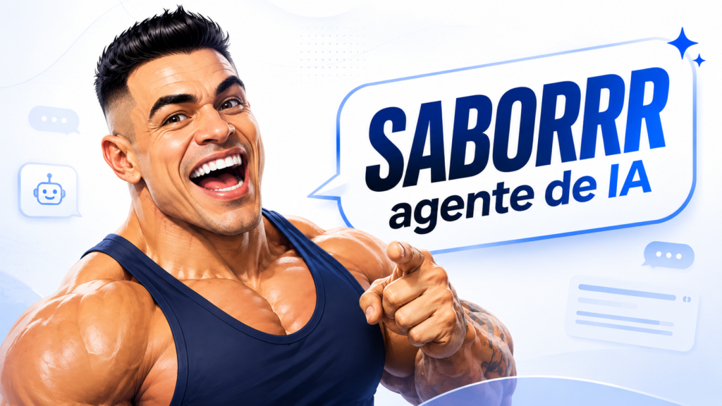 Caricatura digital de um homem musculoso em estilo fitness, com regata azul-marinho, sorrindo de forma exagerada e apontando para frente. Ao lado dele, há um grande balão de fala branco com borda azul escrito “SABORRR agente de IA” em tipografia grande. O fundo é claro, clean e moderno, com elementos gráficos sutis em azul, como ícones de chat e formas abstratas, em um visual inspirado em páginas de tecnologia.