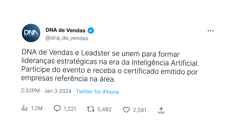 DNA de Vendas e Leadstrer se unem para formar lideranças estratégicas na era da Inteligência Artificial. Participe do evento e receba o certificado emitido por empresas referências na área.